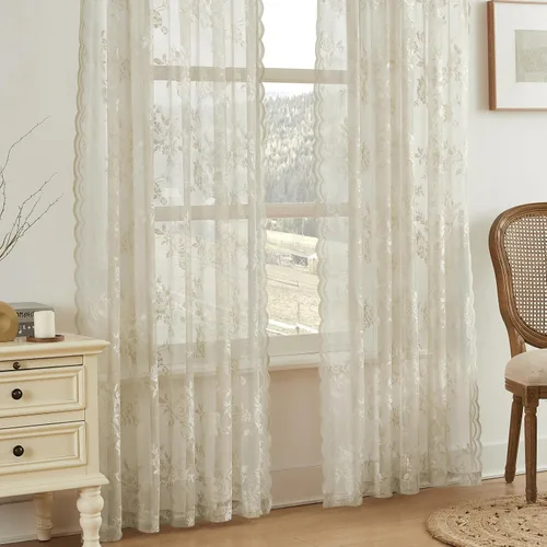 Vista 20 de Cortinas de encaje beige, juego de 2 paneles de cortinas traslúcidas con bolsillo para cortinero, decoración de ventana pequeña, baño, sótano