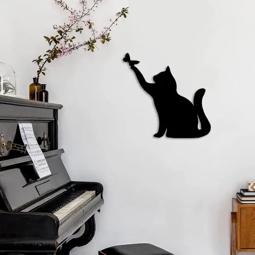 Vista 4 de JILIP Letrero de arte de silueta de gato de metal, escultura de pared colgante negra, placa de decoración de pared de animales de metal, decoración