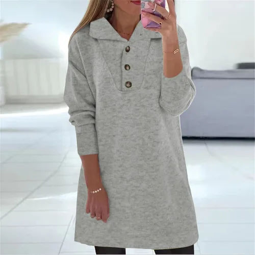 Vista 2 de Vestidos de mujer Otoño Invierno Color Sólido Solapa Botón Manga Larga Suéter Casual Vestido