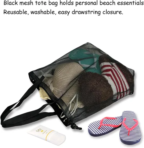 Vista 6 de 4PCS Colorful Mesh Beach Tote Bags With Drawstring For Poolside,Swim,Travel Negro