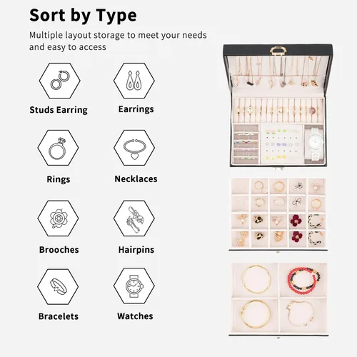 Vista 5 de Joyero para mujeres y niñas, organizador de joyas grande con cerradura de 3 niveles para collares, anillos, aretes, piel sintética (blanco)