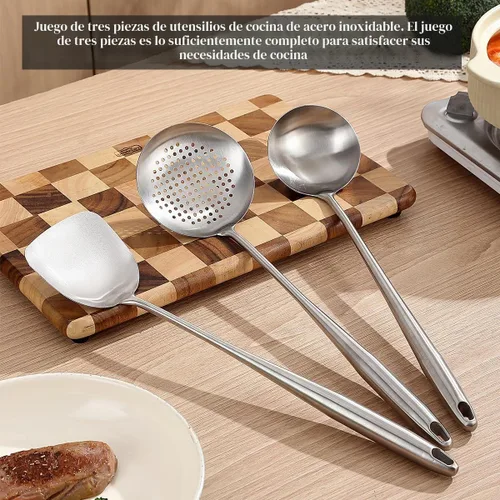 Vista 3 de Berglander Juego de espátulas Wok, utensilios de cocina de acero inoxidable - Herramientas Wok de 17 ": espátula, cucharón, espumadera