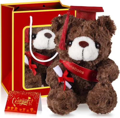 Vista 9 de Oso ZJoey con gorra de graduación Juguetes Clase de 2025 Oso de peluche Teddy Bear Animal con gorra y toga con tarjeta de felicitación y bolsa
