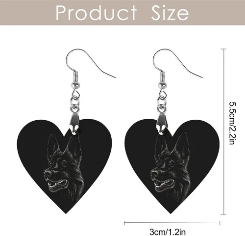 Vista 2 de Aretes redondos de madera con diseño de pastor alemán negro para mujer, con estampado moderno y ligero