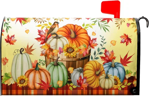 Vista 9 de Cubierta magnética para buzón de calabazas de otoño, tamaño estándar de 21 x 18 pulgadas, hojas de arce de cosecha de otoño, buzón de buzón