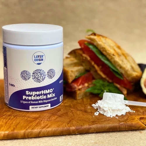 Vista 6 de SuperHMO Mezcla prebiótica con fibra prebiótica 5-HMO para intestino, digestión, salud cerebral, polvo, 28 porciones