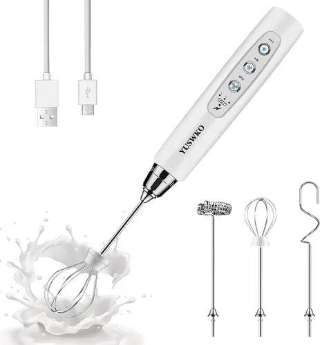Vista 24 de YUSWKO Baby Blue - Varita espumadora de leche de mano para café, batidor eléctrico recargable con 3 cabezales, 3 velocidades, mezclador de bebidas