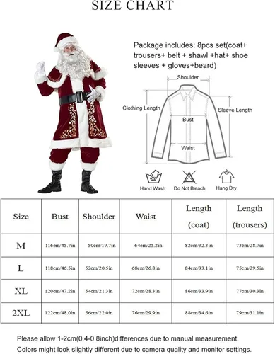 Vista 7 de SWHRIOPD Traje de Papá Noel de lujo para hombre 10 piezas Traje de Papá Noel para adultos disfraz de Navidad y Halloween con guantes