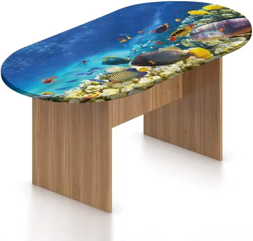 Vista 8 de Mantel ovalado ajustable, mantel de poliéster con bordes elásticos de pez, diseño de figuras divertidas de peces sobre ramas, se adapta a mesas