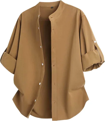 Vista 13 de Men's Roll-Up Sleeve Casual Button Down Shirts Stand Up Collar Summer Beach Shirt Loose Fit Lightweight Work Tops