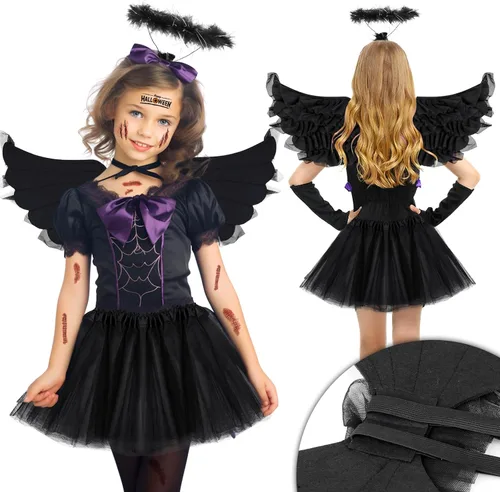 Vista 6 de Meetory Juego de 7 alas de ángel negras y halo, alas de ángel oscuras para niñas, incluye falda tutú de tul, varita, calcomanías de juego de rol