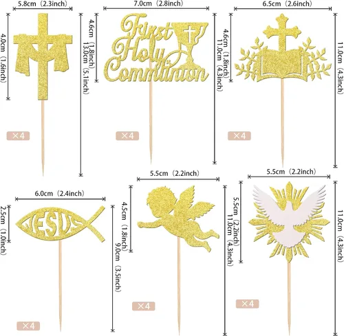 Vista 2 de Rsstarxi Paquete de 24 adornos dorados para magdalenas de la Primera Comunión con purpurina dorada, paloma, ángel, Dios bendiga cruz, para bautismo
