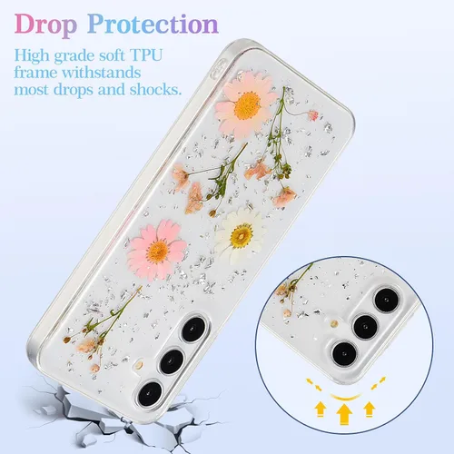 Vista 3 de EYZUTAK Funda para Samsung Galaxy A15 4G/5G, Bling Glitter Lentejuelas Hecho a Mano Hoja De Flor Seca Real Funda Estética Transparente Embedded