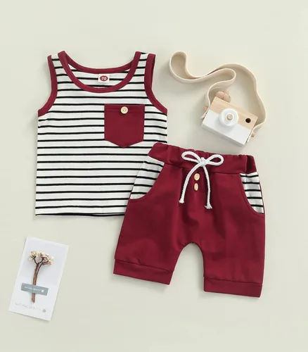 Vista 10 de Conjunto de ropa casual de manga corta con botones y pantalones cortos de lino para bebés y niños pequeños