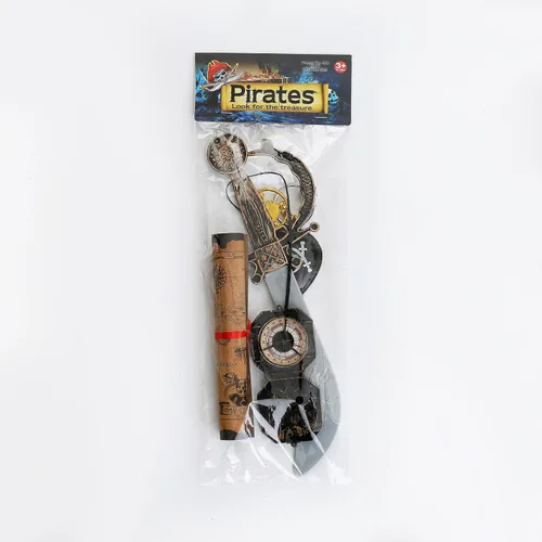 Vista 6 de Juego de disfraz de pirata para niños con espada pirata, parche de ojo, mapa del tesoro, brújula, aretes de calavera dorada y aretes de plata