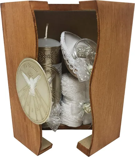 Vista 2 de Arcangeles Mexicanos - Juego de velas católicas de bautismo en caja de madera con toalla, vela, rosario y concha para bebés niños y niñas. Hecho a