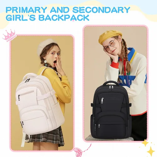 Vista 3 de Linda mochila para la escuela, niñas, niños, mochila escolar estética para mujeres, mochila de viaje para computadora portátil y niños, Negro