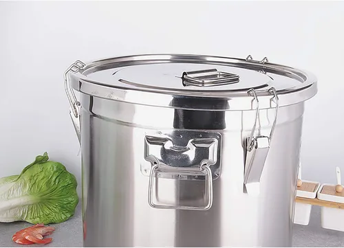 Vista 4 de Contenedor de cereales de acero inoxidable 304 con tapa y abrazadera de bloqueo resistente para almacenamiento de harina u otros productos a granel