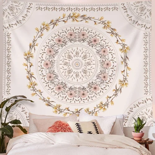 Vista 8 de Lifeel - Tapiz bohemio azul para colgar en la pared, tapiz hippie de mandala, medallón floral con diseño de corona estética blanca, manta decorativa