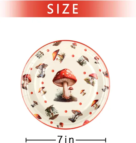 Vista 2 de 50 platos de papel desechables, 7 pulgadas, platos de postre de hongos rojos para primavera y verano, bosque, salvaje, vibrante, setas, decoraciones