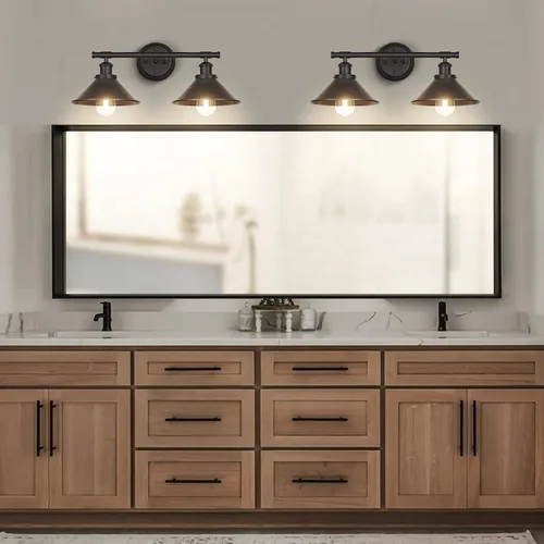 Vista 6 de Aplique de pared negro de 2 luces, aplique de pared de baño de granja sobre el espejo, luces industriales rústicas de tocador de baño