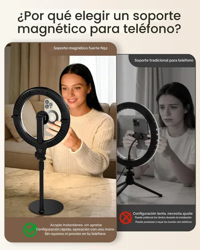 Vista 4 de NiceVeedi Anillo de luz magnético de escritorio de 10.2 pulgadas con soporte, anillo de luz de escritorio recargable de 5000 mAh para teléfono, luz