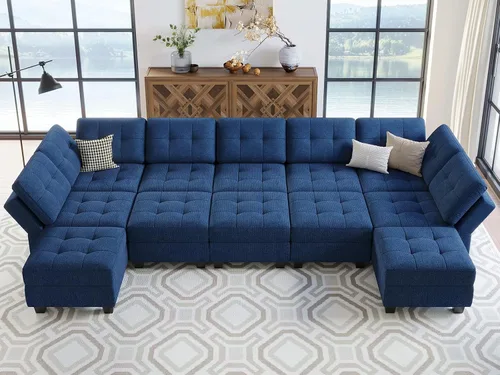 Vista 3 de Belffin Sofá cama modular modular con diván reversible en forma de U con asientos de almacenamiento de gran tamaño de 12 asientos, sofá modular azul