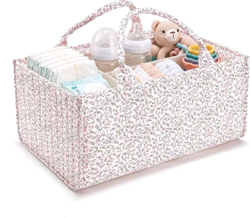 Vista 7 de Organizador de pañales, bonita cesta de almacenamiento floral para guardería, suave y portátil, organizador de auto para cambiador de coche