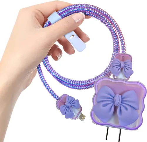 Vista 7 de CameCosy - Protector de cable de teléfono Kawaii para iPhone de 18 W/20 W, cargador USB-C con diseño de ondas de lazo 3D, funda protectora de Negro