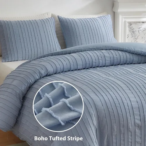Vista 2 de WARMDERN Juego de funda de edredón a rayas azules, ropa de cama con textura bohemia acolchada con mechones, 2 piezas tamaño Twin de microfibra