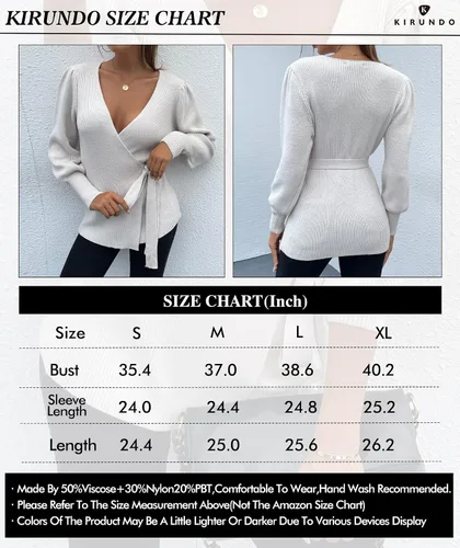 Vista 5 de KIRUNDO - Suéter de punto acanalado para mujer, cuello en V, para otoño 2020, jersey de punto con lazo