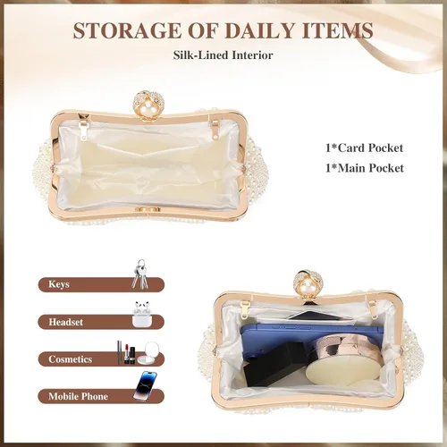 Vista 5 de UBORSE Bolso de mano de perlas para mujer, bolso de noche con cuentas de cristal noble para boda, con cadena de perlas