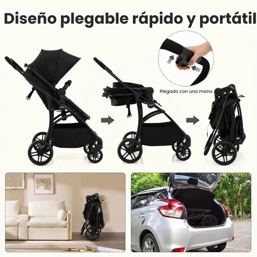 Vista 7 de INFANS Cochecito de bebé 2 en 1, cochecito convertible con moisés, asiento reversible, respaldo ajustable, plegable con una mano, cochecito compacto