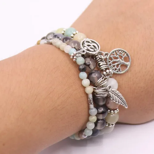 Vista 6 de UEUC Pulseras de piedra curativa de yoga del árbol de la vida, juego de pulseras de reiki de piedra de chakra de loto multicapa, piedra natural