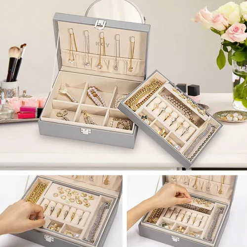 Vista 4 de KCY Organizador de joyas para mujeres y niñas estuche grande de cuero sintético con soporte de exhibición de 2 capas y bandeja extraíble para aretes
