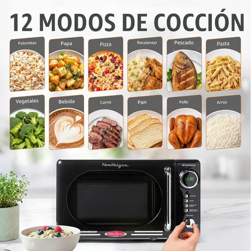 Vista 4 de Nostalgia Horno microondas retro compacto para encimera, 0.7 pies cúbicos, 700 vatios con pantalla digital LED, bloqueo infantil, interior fácil