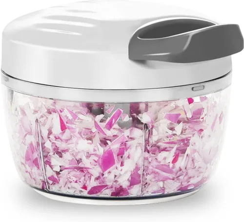 Vista 8 de Procesador manual de alimentos y picador de verduras, color verde, 2.3 tazas, mini picador de cocina para cebolla, ajo, verduras con 3 cuchillas