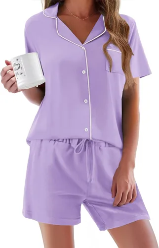 Vista 30 de Ekouaer - Conjunto de pijamas de manga corta para mujer, con botones, suave, 2 piezas, conjuntos de descanso, tallas XS-XXXL Verde Aqua