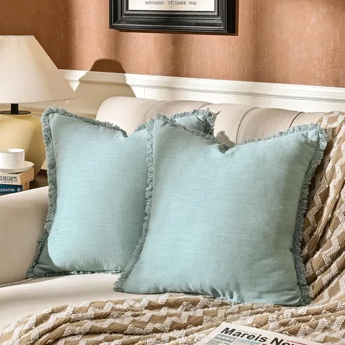 Vista 14 de Paquete de 2 fundas de almohada de lino con borlas con flecos decorativas rústicas naturales para cojín de sofá, sofá, dormitorio 16 x 16 pulgadas
