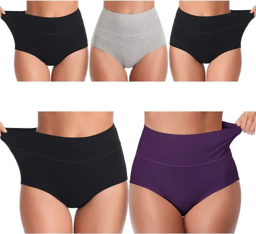 Vista 11 de UMMISS - Ropa interior de algodón de cintura alta para mujer, cobertura completa, suave, cómoda, multipack de braguitas Negro-gris-total