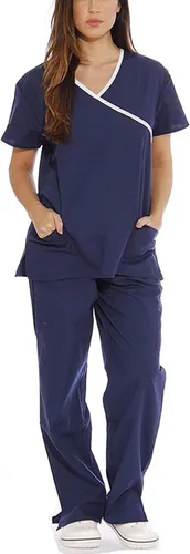 Vista 2 de Conjunto de uniforme médico para mujer, elástico en 4 direcciones, bolsillos ligeros, cuello en V, conjunto de uniforme médico con cordón elástico