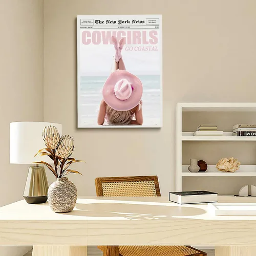 Vista 4 de Arte de pared de vaquera costera rosa, póster de periódico vintage de los años 70, revista de surf costero, póster retro chic de surfista de playa