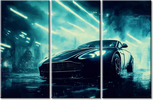 Vista 19 de Arte de pared de 3 piezas de escena de ciencia ficción de la calle comercial futurista paisaje urbano, decoración de pared para dormitorio