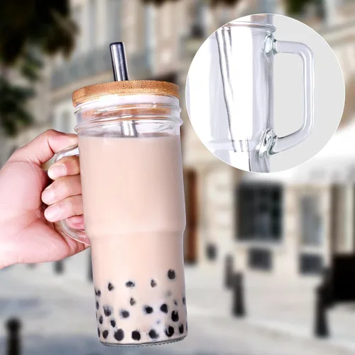 Vista 3 de Vasos de vidrio de 24 onzas con tapas y pajitas - Vaso de vidrio con tapas de bambú y pajita, taza de café helado