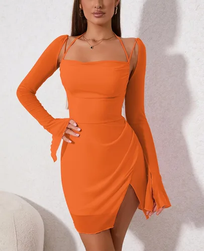 Vista 3 de HTZMO Sexy vestido corto de fiesta con mangas de volantes halter para mujer, vestido corto fruncido de malla transparente con abertura lateral