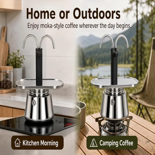 Vista 9 de Olla de Moka de Acero Inoxidable, Cafetera de Espresso de 2 Tazas para Estufa con Doble Boca, Fácil de Operar, Prepara Café Rápidamente, Olla