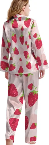 Vista 3 de ONDIAN Conjunto de pijama para mujer, ropa de dormir de manga larga rosa fresa