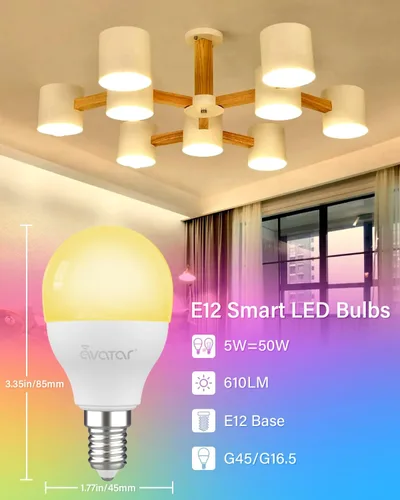 Vista 3 de Avatar Controls Paquete de 4 bombillas LED inteligentes E12, 5 W, Alexa de base pequeña, bombillas de ventilador de techo Wi-Fi, temporizador que