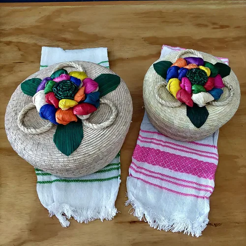Vista 7 de Paquete de 2 cestas tejidas a mano de tortillero y panqueques y tela de tortilla hecha a mano, paquete de 2 calentadores paquete 100% arte mexicano