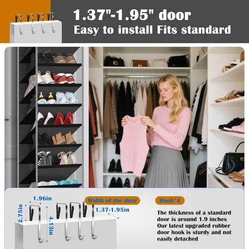 Vista 5 de Organizador y estante para zapatos colgante sobre la puerta de 10 bolsillos, hecho de resistente tela Oxford de 600D + tela no tejida